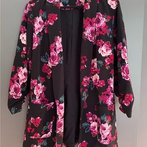 Lane Bryant Soft Floral Evening Jacket - Pink Rose Print on Black. Size 18/20